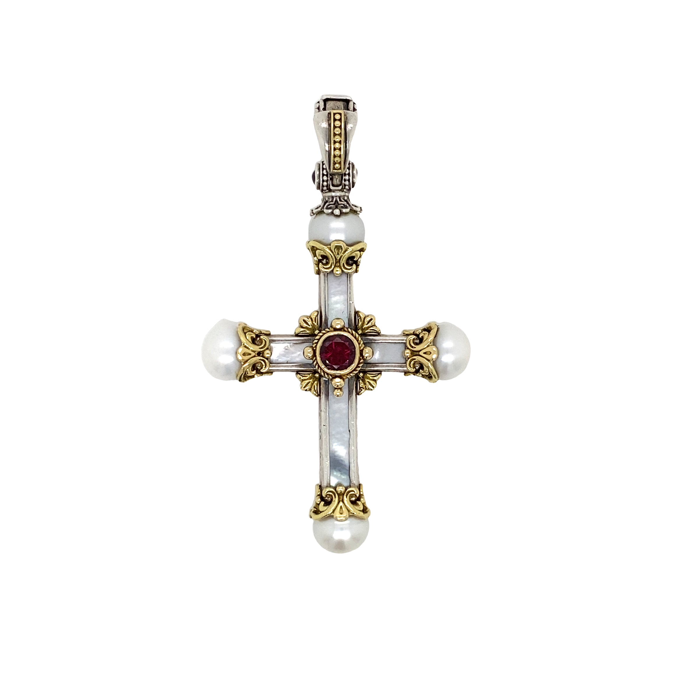 Mother Of Pearl, Pearl and Garnet Cross Pendant