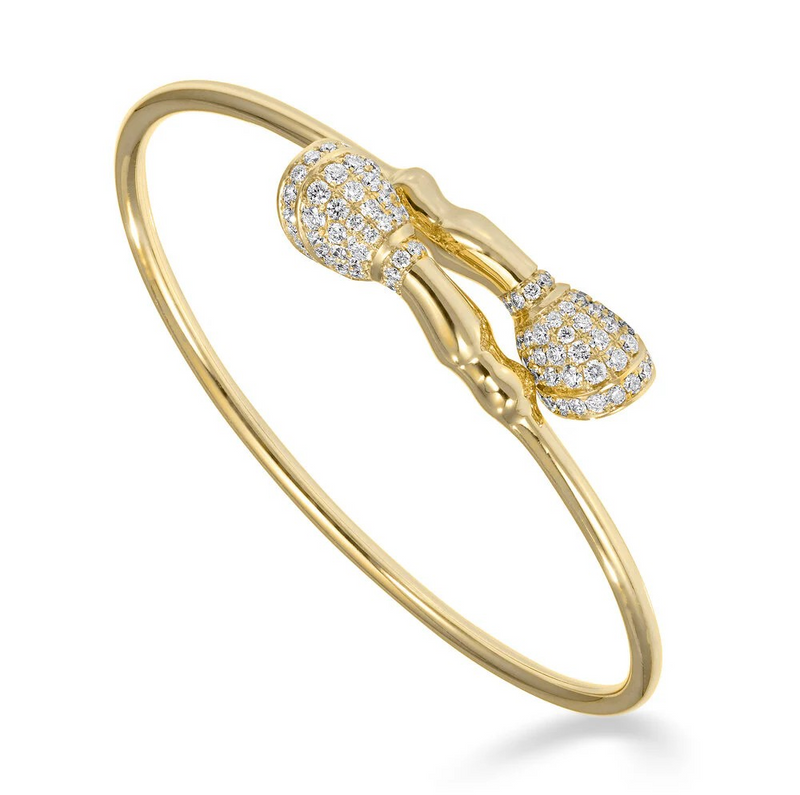 LADIES 18K YELLOW GOLD MEDIUM PAVE DIAMOND HUGGABLE HOOVES BANGLE BRACELET