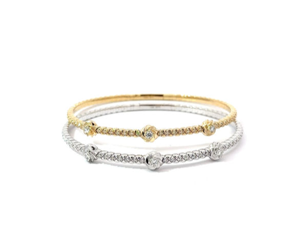 LADIES 14K YELLOW GOLD DIAMOND FLEXIBLE BANGLE BRACELET WITH 3 ROUND STATION