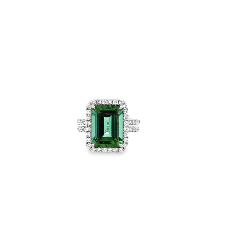 Emerald Cut Green Tourmaline and Diamond Ring