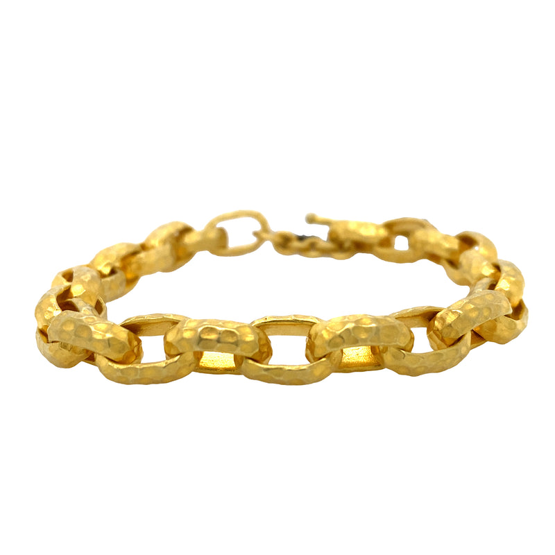 Bonded 24Kt Yellow Gold And Sterling Silver Solid Gold Hammered Oval Link Bracelet With Diamond Accented Toggle