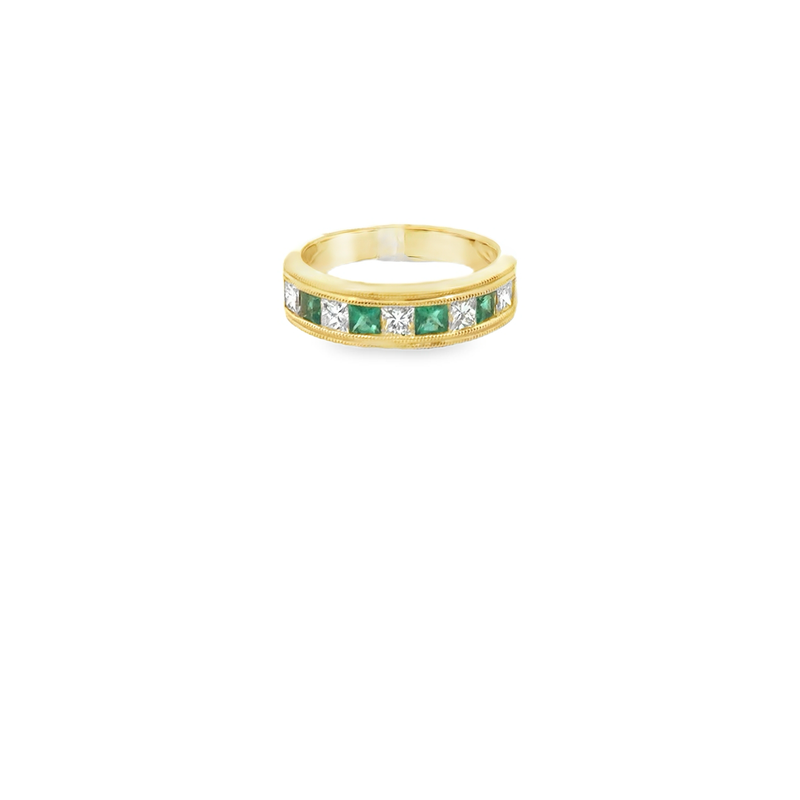 18KT YELLOW GOLD PRINCESS CUT EMERALD AND DIAMOND