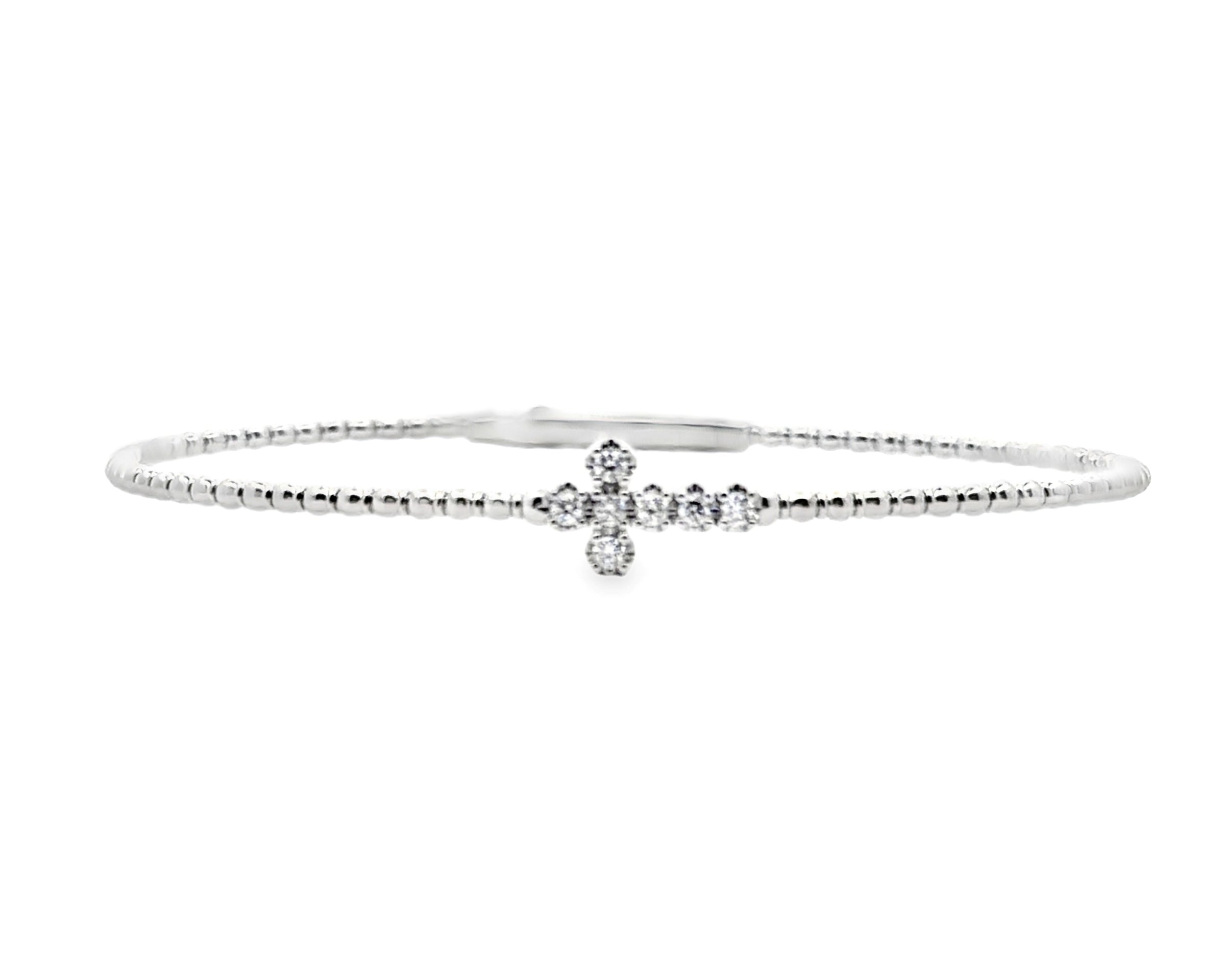 14K White Gold Diamond Cross Beaded Bangle Bracelet – 0.13 CTW