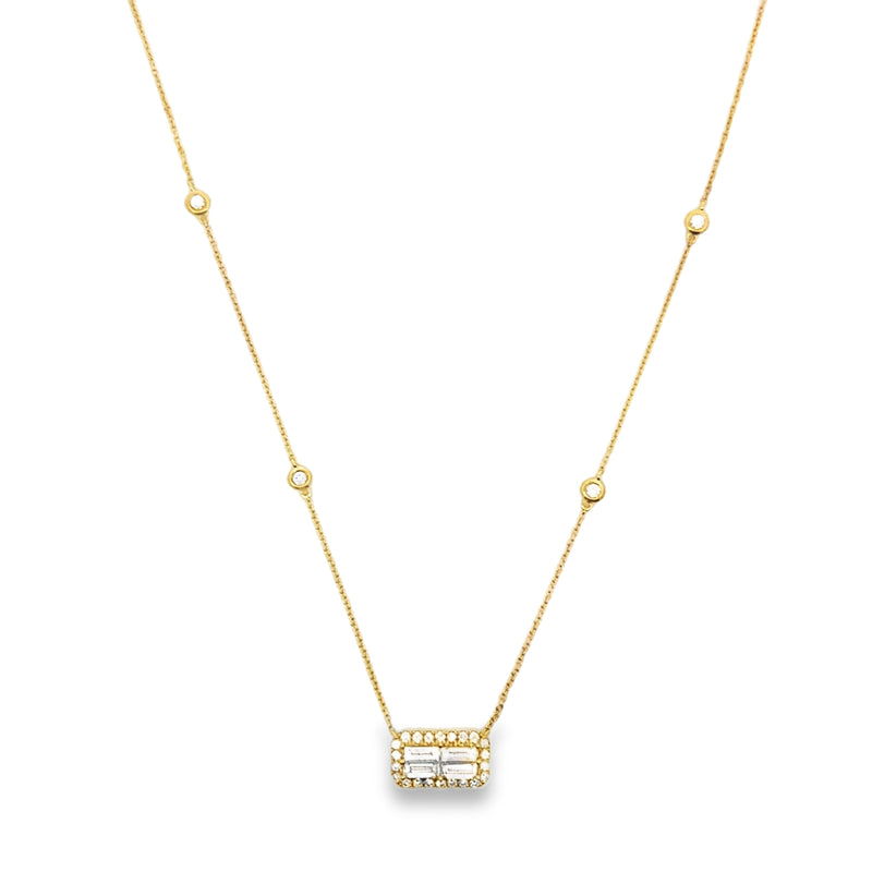 18K YELLOW GOLD EAST TO WEST BAGUETTE HALO NECKLAC