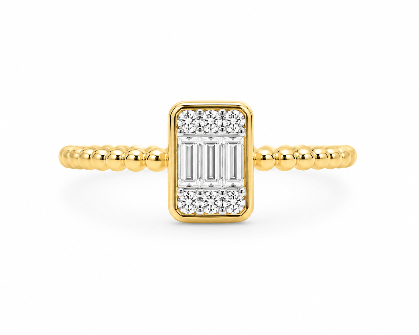 14K Yellow Gold Beaded Shank Emerald Cluster Ring