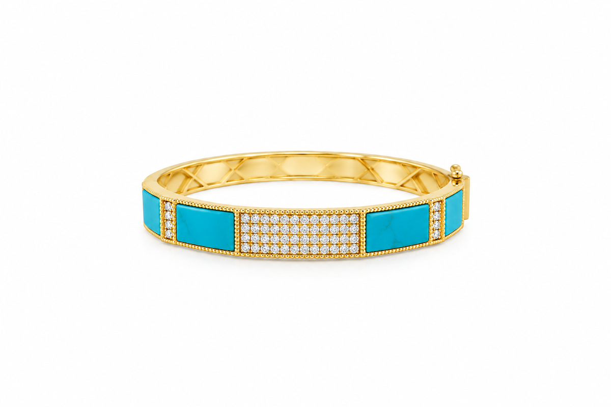 14K Yellow Gold Turquoise & Diamond Station Bangle