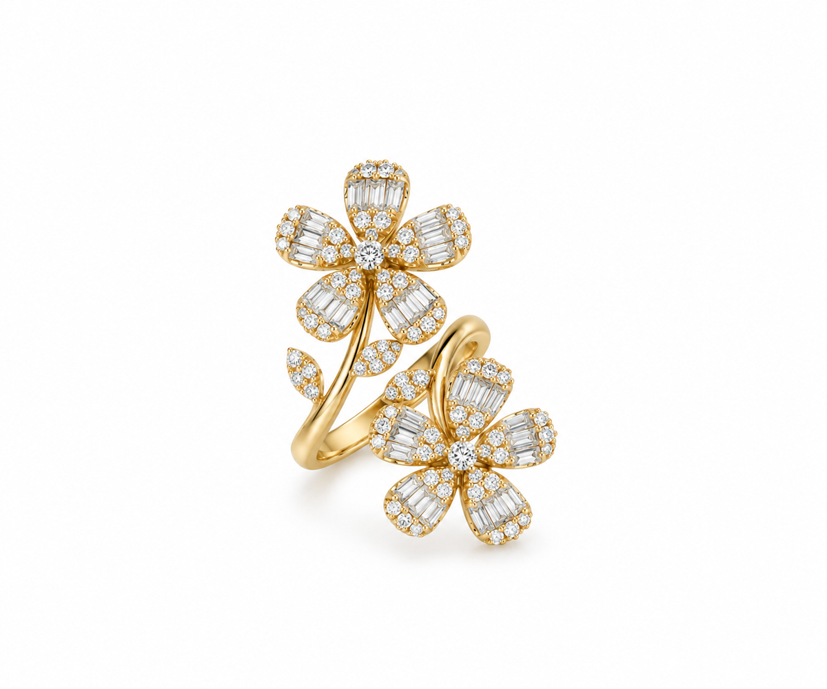 18K Yellow Gold Large Flower Diamond Ring