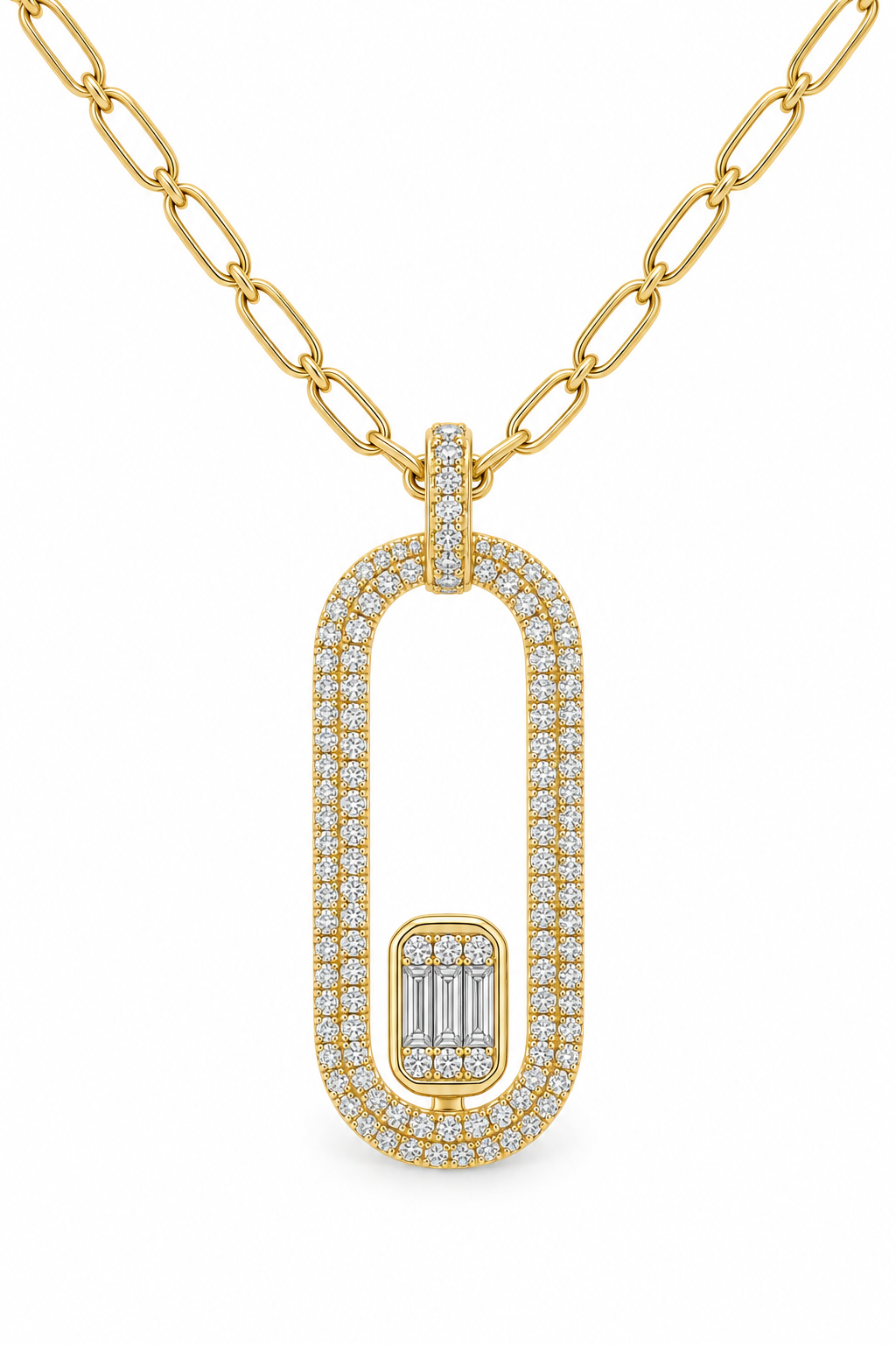 18K Yellow Gold Paperclip Diamond Pendant Necklace