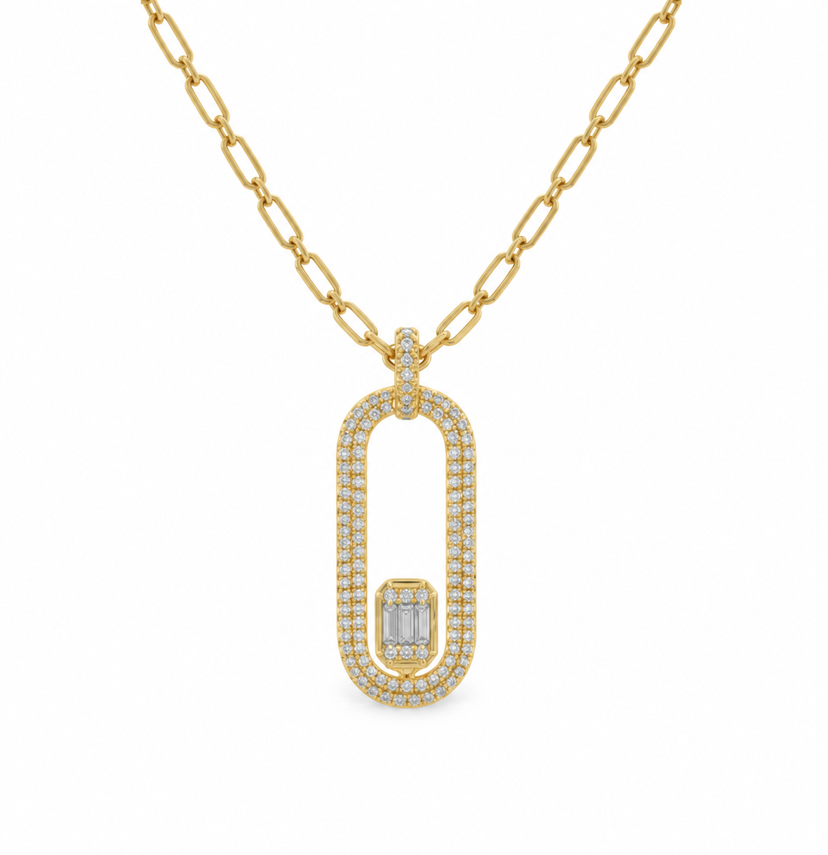 18K Yellow Gold Paperclip Diamond Pendant Necklace