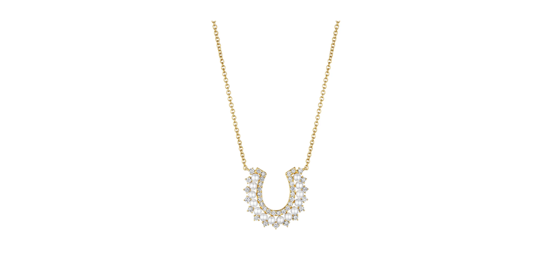 LADIES 18K GOLD PEARL AND DIAMOND HORSESHOE NECKLACE