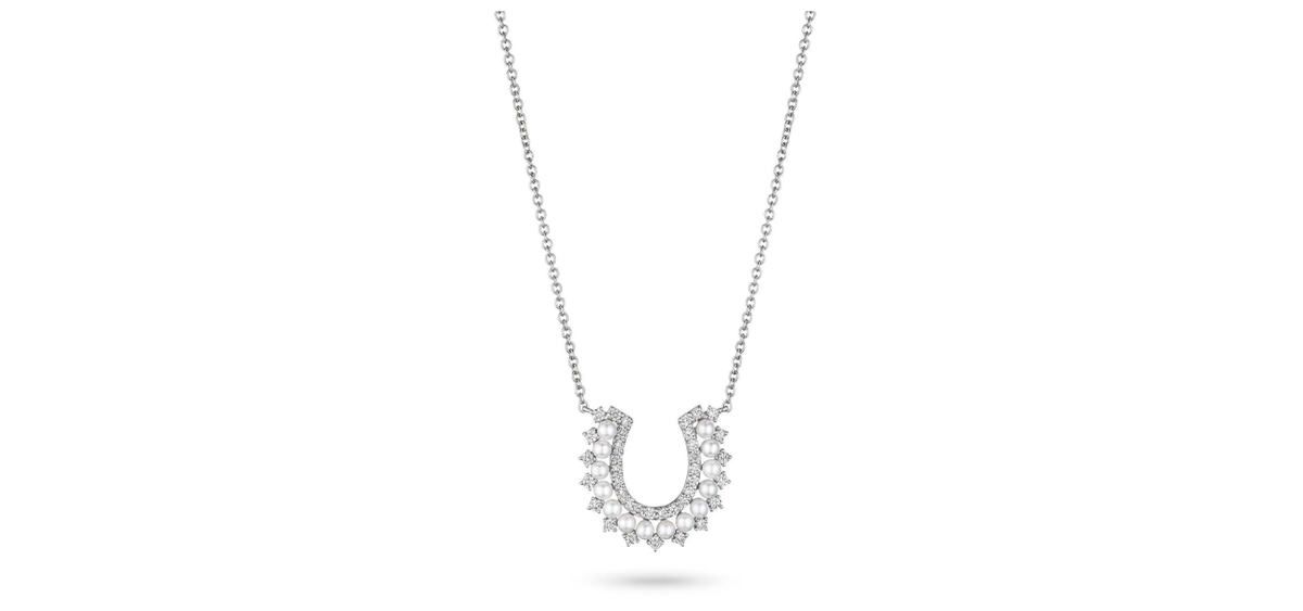 LADIES 18K GOLD PEARL AND DIAMOND HORSESHOE NECKLACE