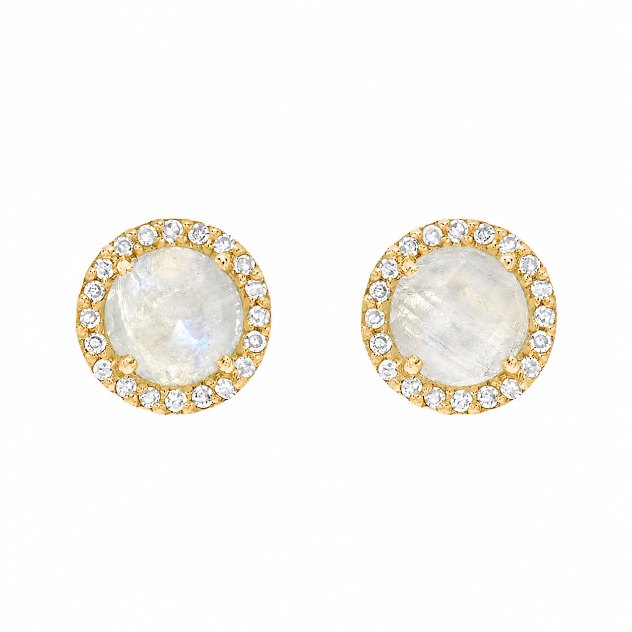 14K Yellow Gold Moonstone & Diamond Halo Stud Earrings