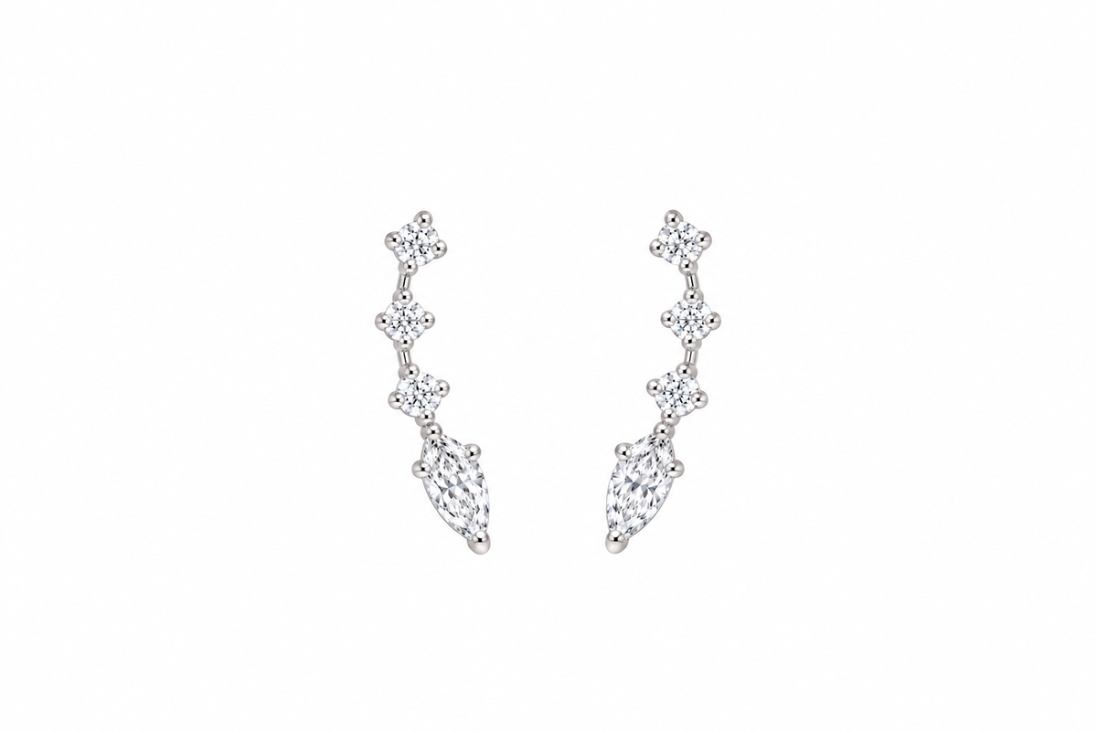 14K White Gold Diamond Climber Stud Earrings