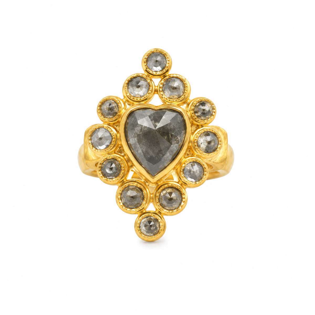 24K Yellow Gold Hammered Shield Style Rose Cut Opaque Diamond Ring