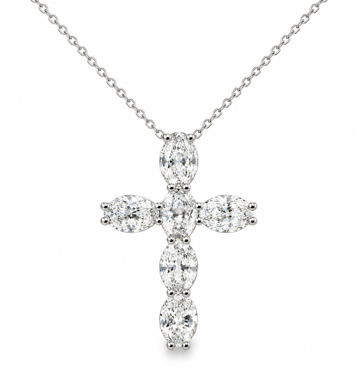 18K White Gold Oval Diamond Cross Pendant & Chain