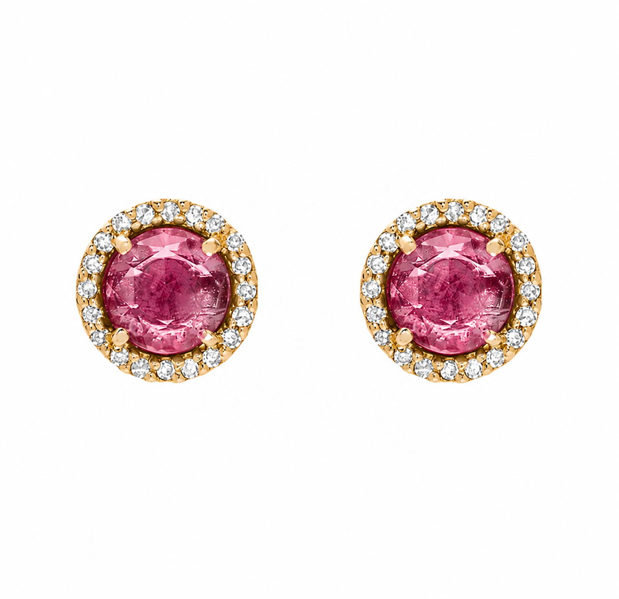 14K Yellow Gold Pink Tourmaline & Diamond Halo Stud Earrings