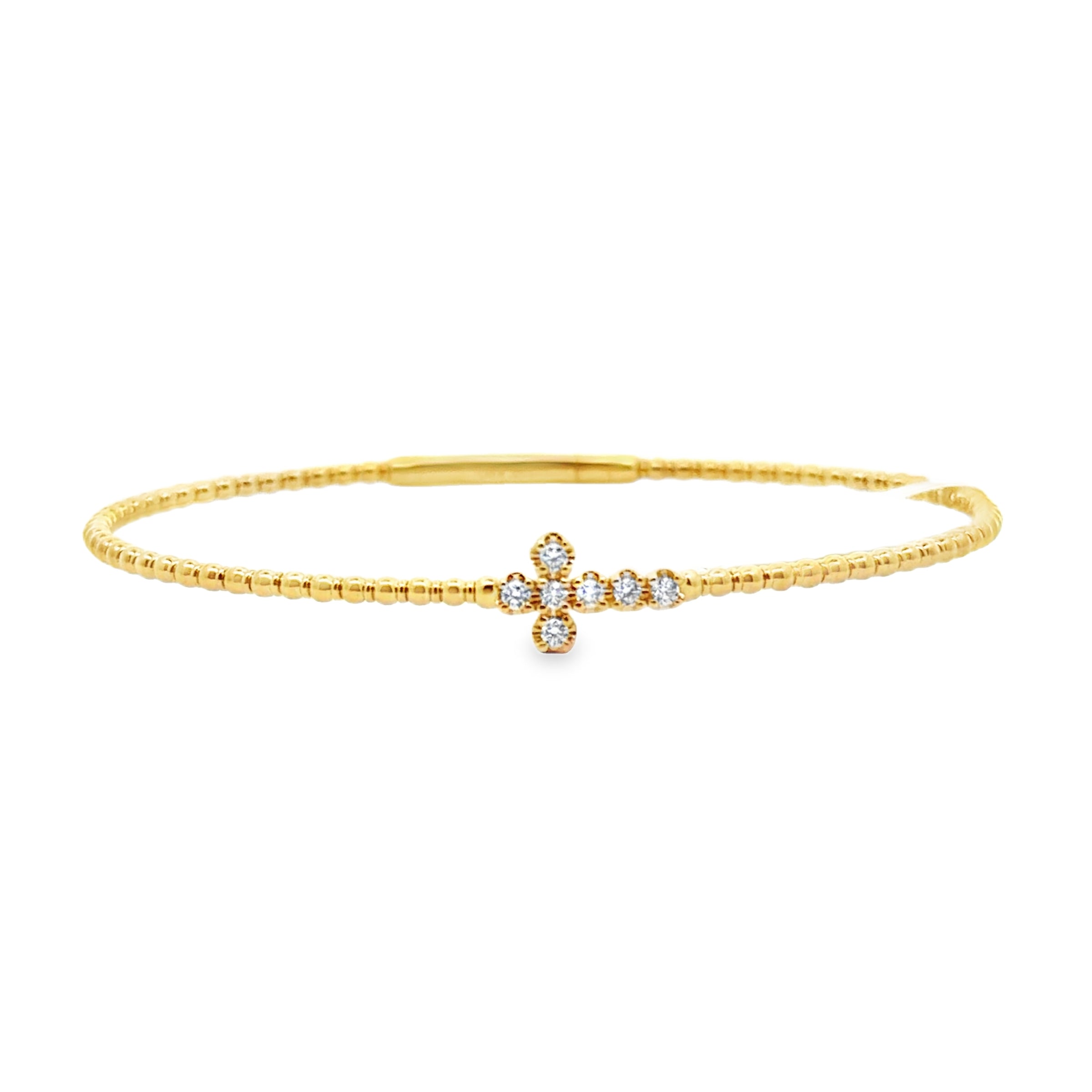 14K Yellow Gold Diamond Cross Beaded Bangle Bracelet – 0.13 CTW