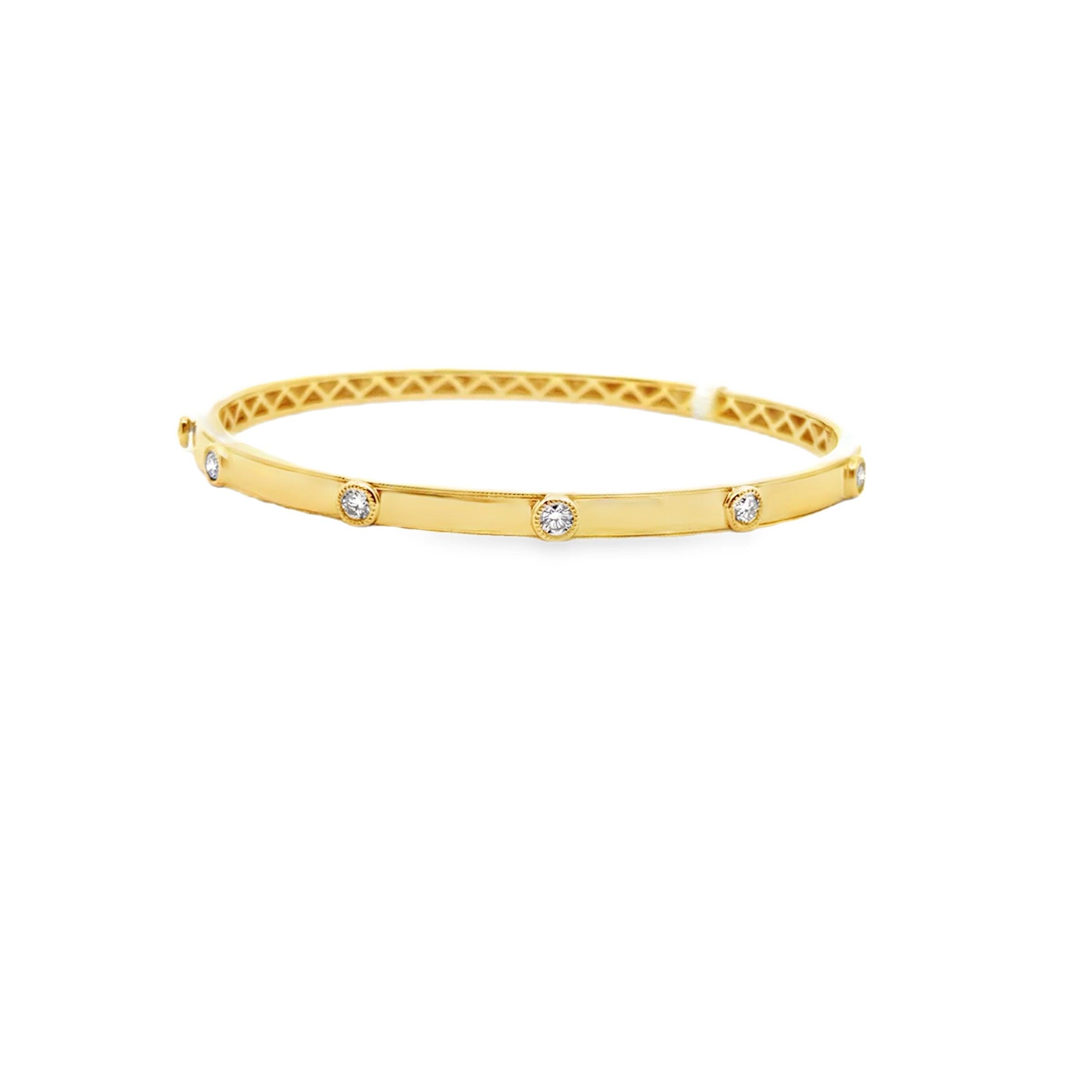 Ladies 18K Yellow Gold Round Brilliant Diamond Hinged Bangle Bracelet