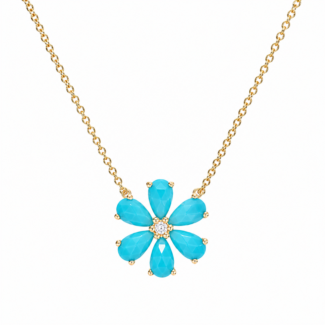 14K Yellow Gold Turquoise Flower Necklace
