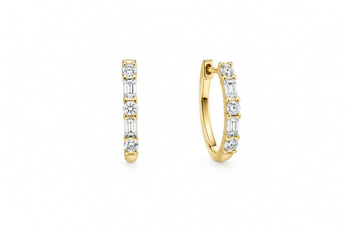 14K Yellow Gold Round & Baguette Diamond Huggie Earrings