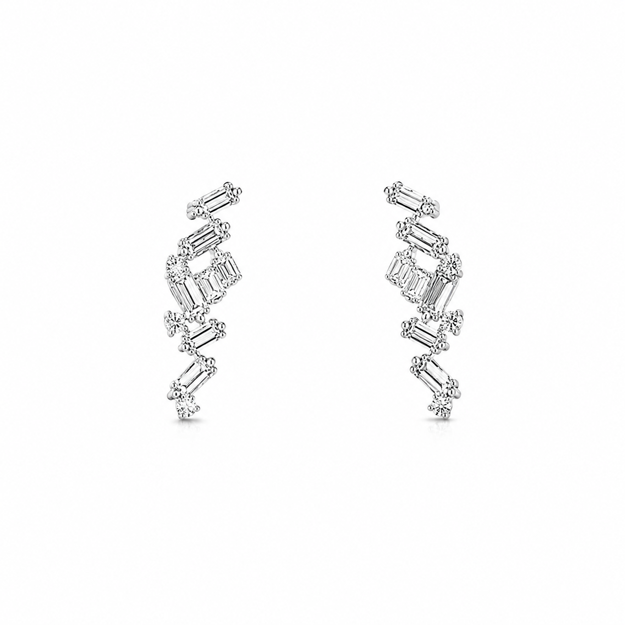 18K White Gold Baguette & Round Diamond Stud Earrings
