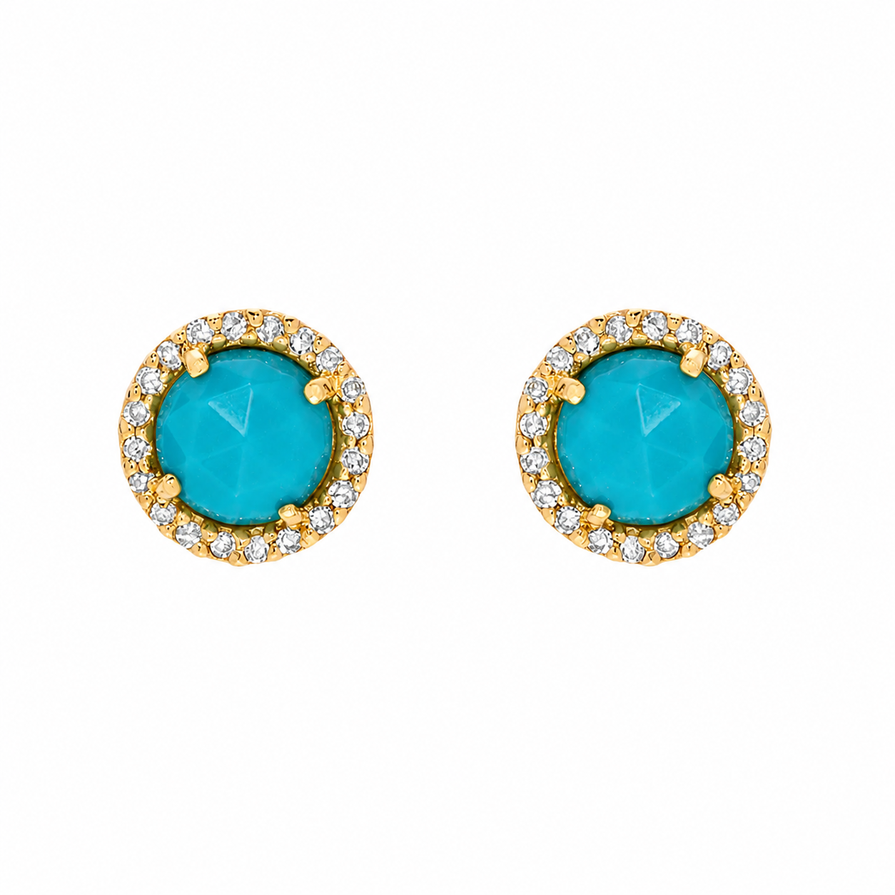 14K Yellow Gold Turquoise & Diamond Halo Stud Earrings